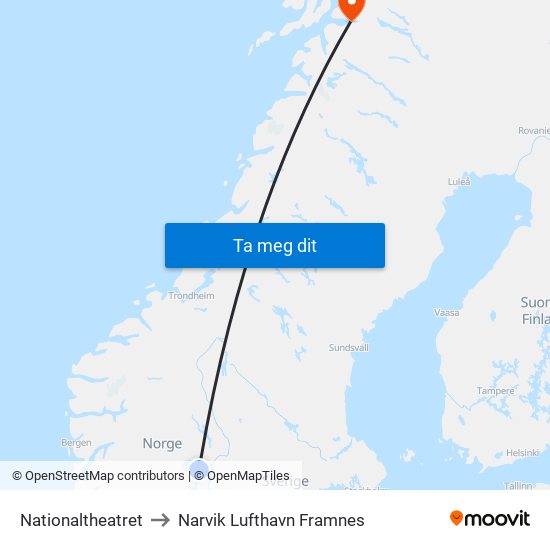 Nationaltheatret to Narvik Lufthavn Framnes map