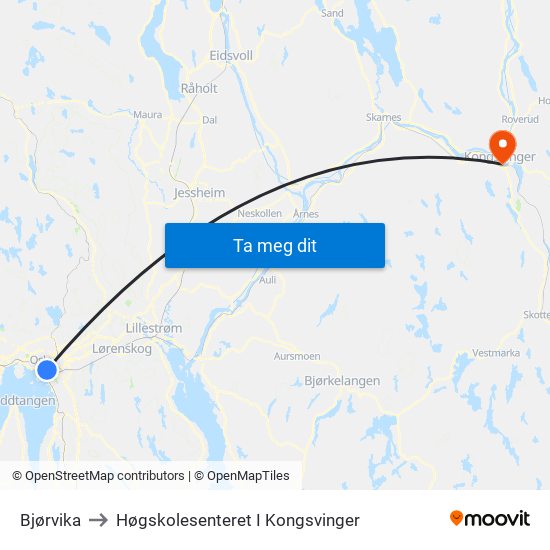 Bjørvika to Høgskolesenteret I Kongsvinger map
