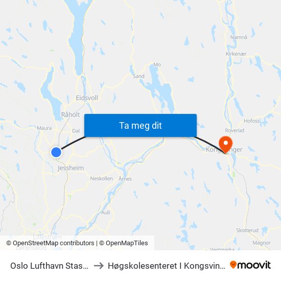 Oslo Lufthavn Stasjon to Høgskolesenteret I Kongsvinger map