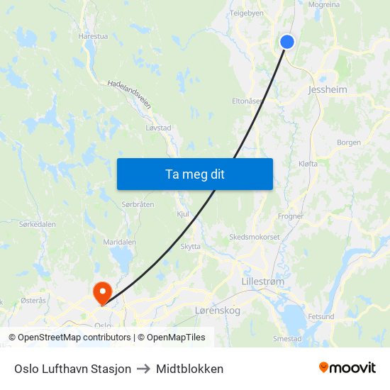 Oslo Lufthavn Stasjon to Midtblokken map