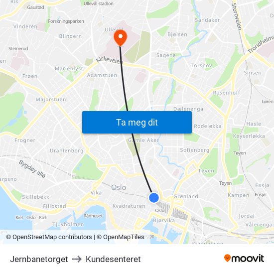 Jernbanetorget to Kundesenteret map