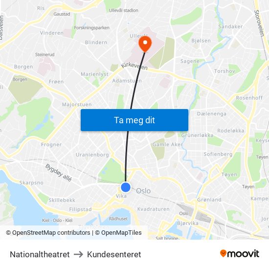 Nationaltheatret to Kundesenteret map