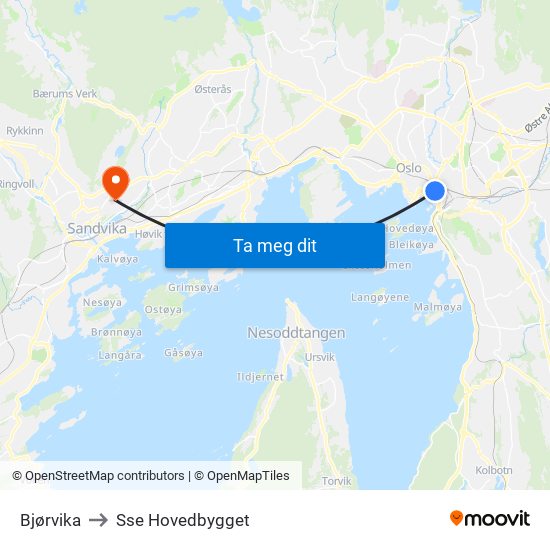 Bjørvika to Sse Hovedbygget map