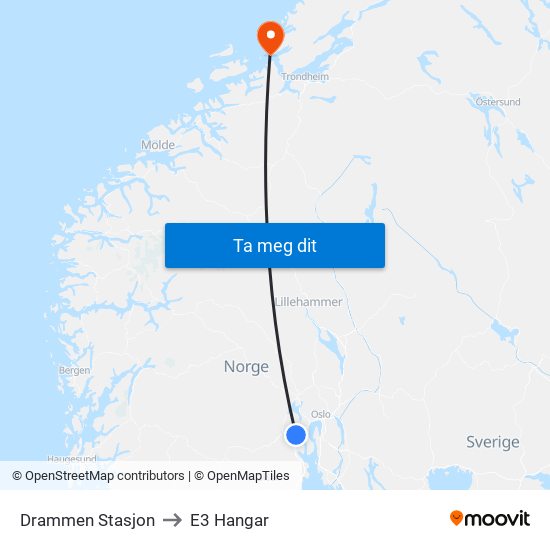 Drammen Stasjon to E3 Hangar map