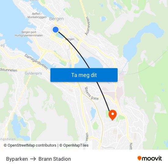 Byparken to Brann Stadion map