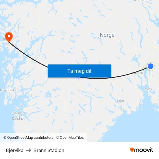 Bjørvika to Brann Stadion map