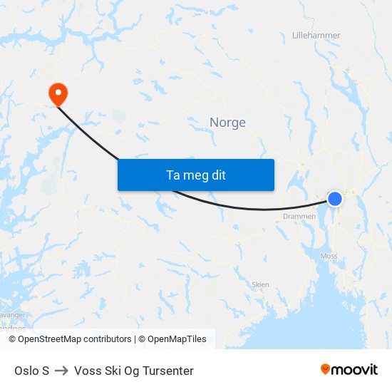 Oslo S to Voss Ski Og Tursenter map