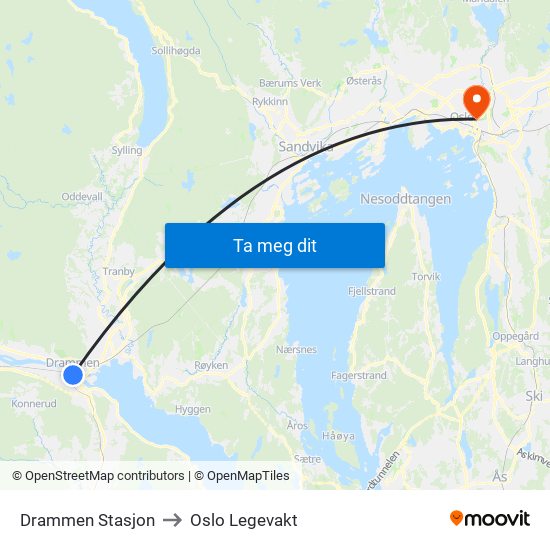 Drammen Stasjon to Oslo Legevakt map