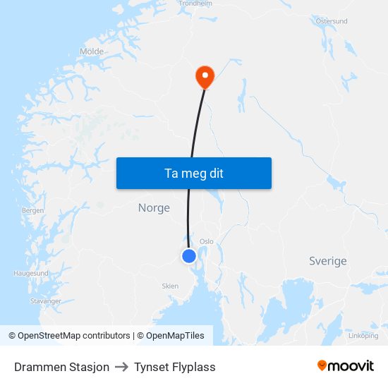 Drammen Stasjon to Tynset Flyplass map