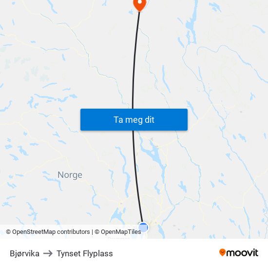 Bjørvika to Tynset Flyplass map