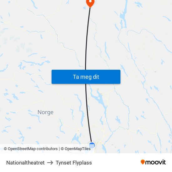 Nationaltheatret to Tynset Flyplass map