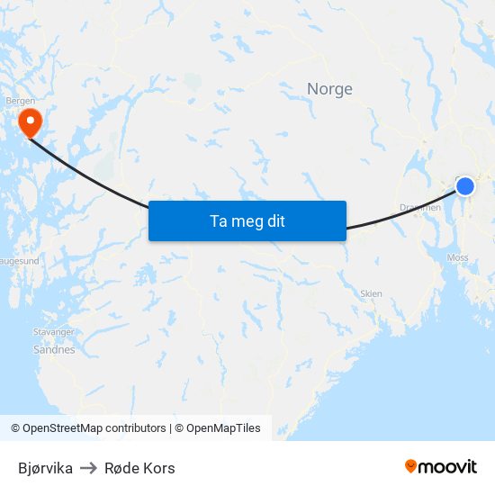 Bjørvika to Røde Kors map