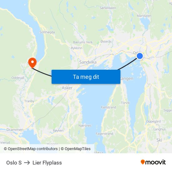 Oslo S to Lier Flyplass map