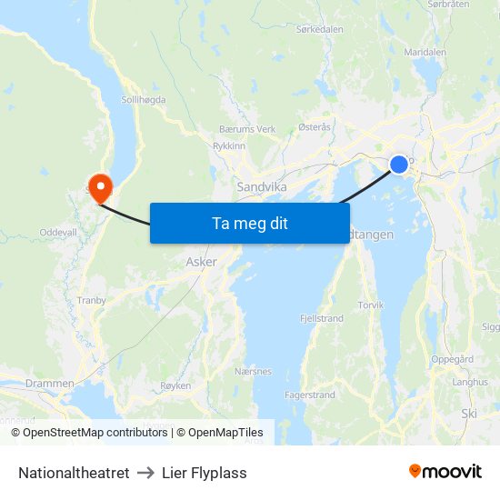 Nationaltheatret to Lier Flyplass map