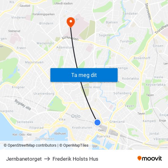 Jernbanetorget to Frederik Holsts Hus map