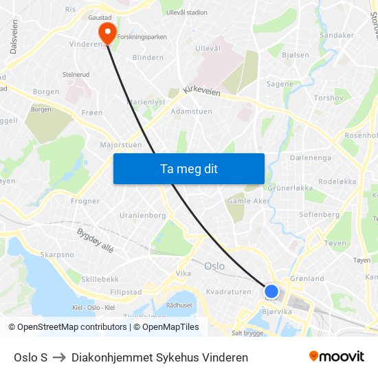 Oslo S to Diakonhjemmet Sykehus Vinderen map