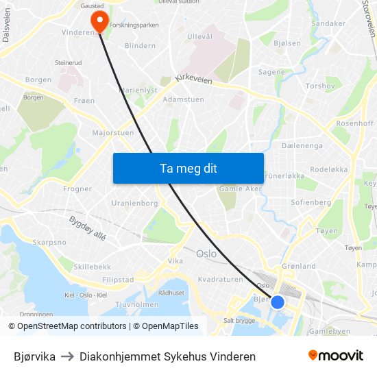 Bjørvika to Diakonhjemmet Sykehus Vinderen map