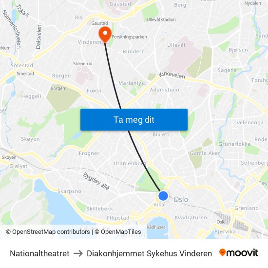 Nationaltheatret to Diakonhjemmet Sykehus Vinderen map