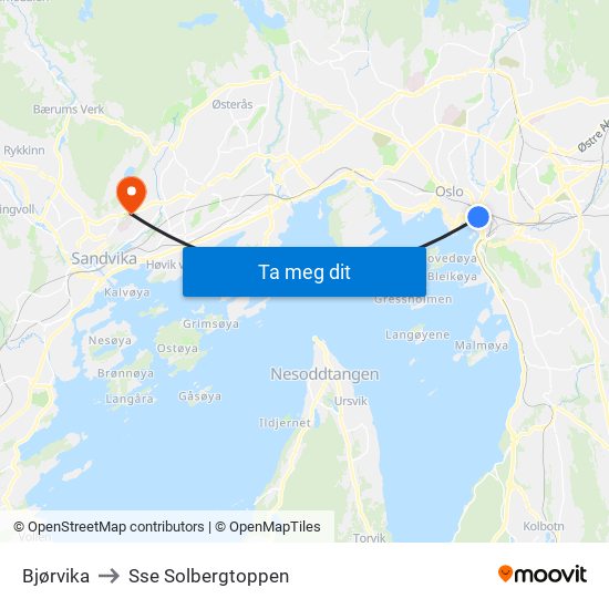 Bjørvika to Sse Solbergtoppen map