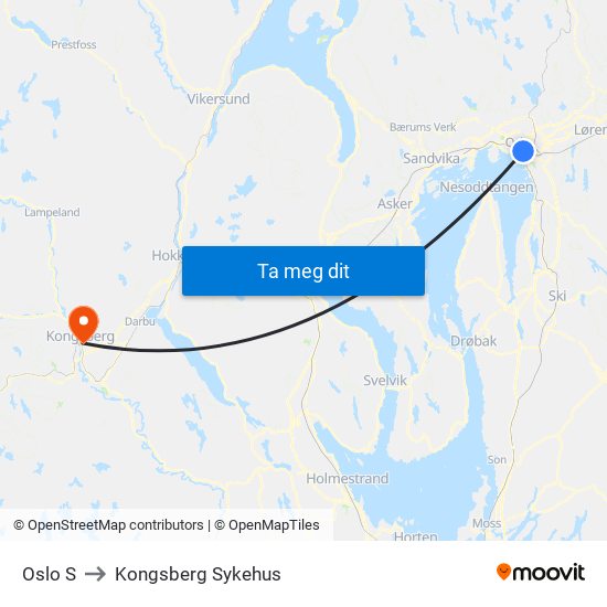Oslo S to Kongsberg Sykehus map