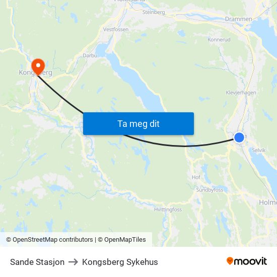 Sande Stasjon to Kongsberg Sykehus map