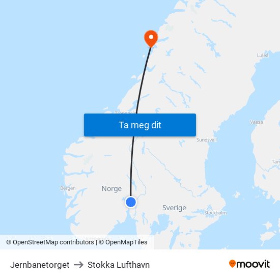 Jernbanetorget to Stokka Lufthavn map