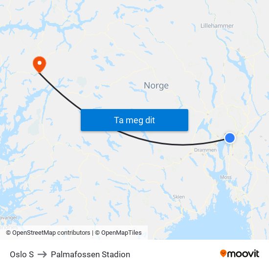 Oslo S to Palmafossen Stadion map