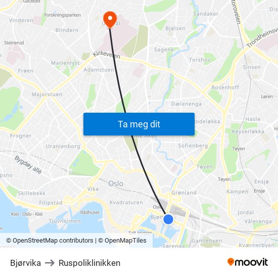 Bjørvika to Ruspoliklinikken map