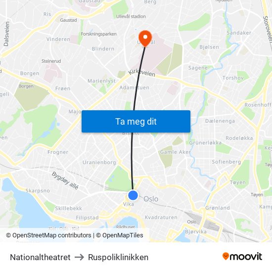 Nationaltheatret to Ruspoliklinikken map