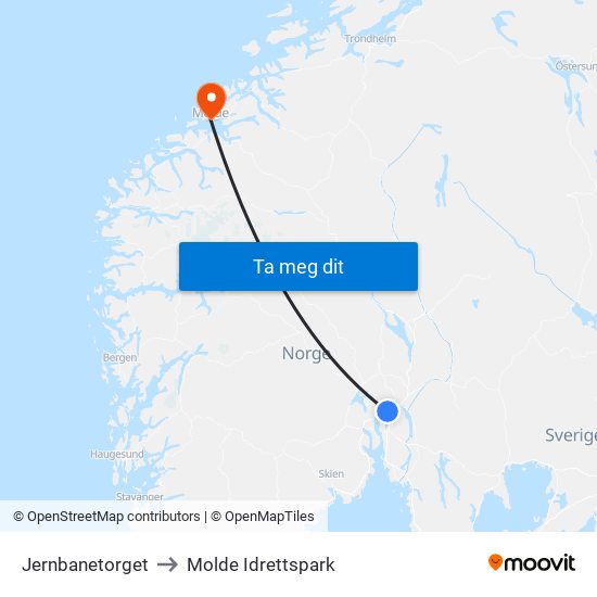 Jernbanetorget to Molde Idrettspark map