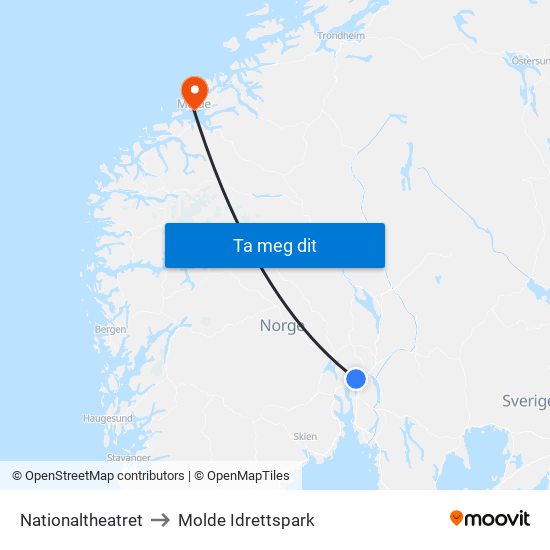 Nationaltheatret to Molde Idrettspark map