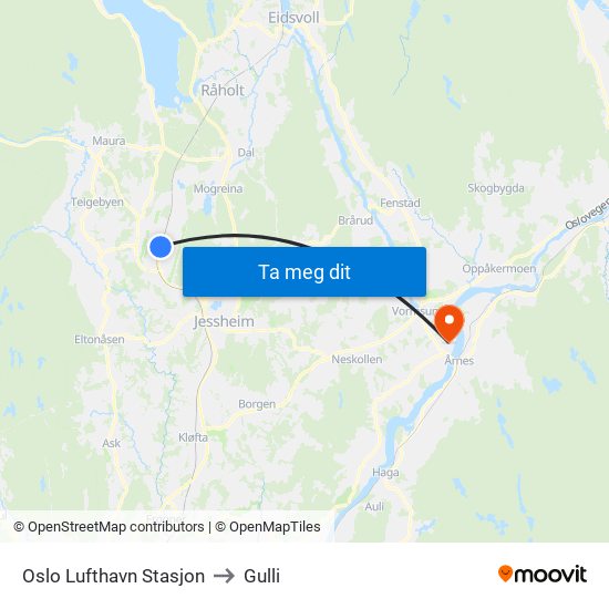 Oslo Lufthavn Stasjon to Gulli map