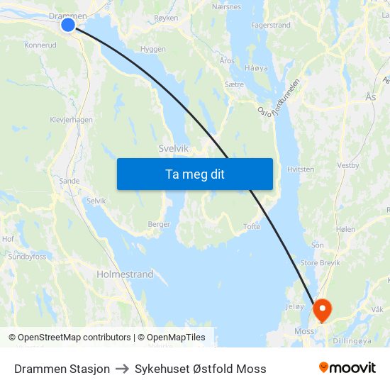 Drammen Stasjon to Sykehuset Østfold Moss map