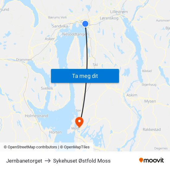 Jernbanetorget to Sykehuset Østfold Moss map