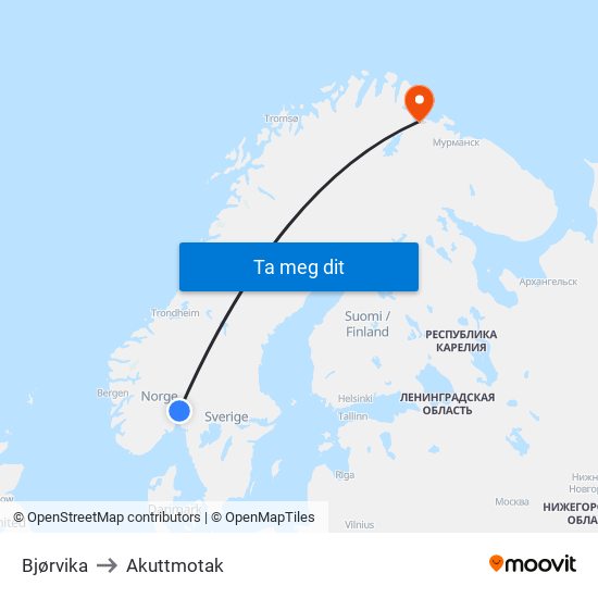 Bjørvika to Akuttmotak map