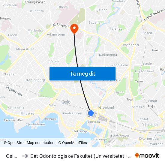 Oslo S to Det Odontologiske Fakultet (Universitetet I Oslo) map