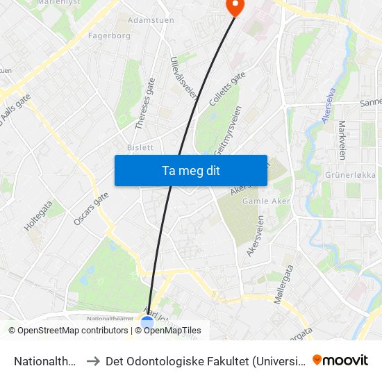 Nationaltheatret to Det Odontologiske Fakultet (Universitetet I Oslo) map