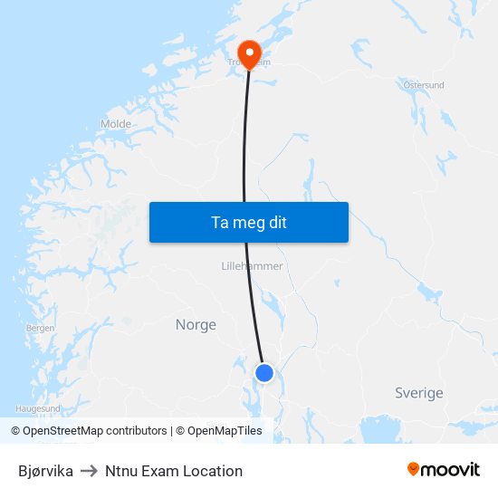 Bjørvika to Ntnu Exam Location map