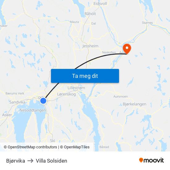 Bjørvika to Villa Solsiden map