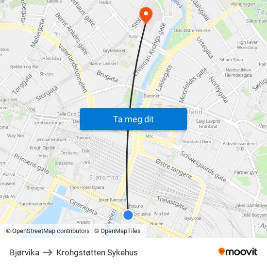 Bjørvika to Krohgstøtten Sykehus map