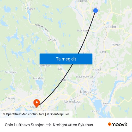 Oslo Lufthavn Stasjon to Krohgstøtten Sykehus map