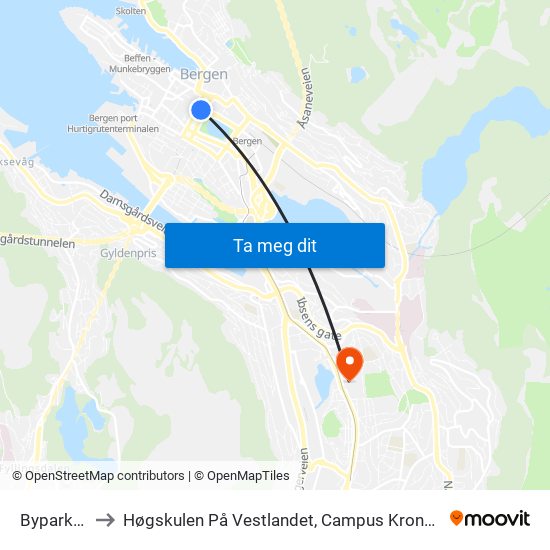 Byparken to Høgskulen På Vestlandet, Campus Kronstad map