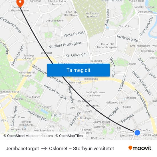 Jernbanetorget to Oslomet – Storbyuniversitetet map