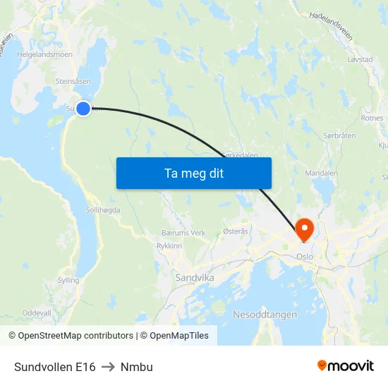 Sundvollen E16 to Nmbu map