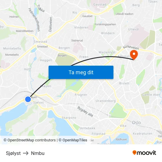 Sjølyst to Nmbu map