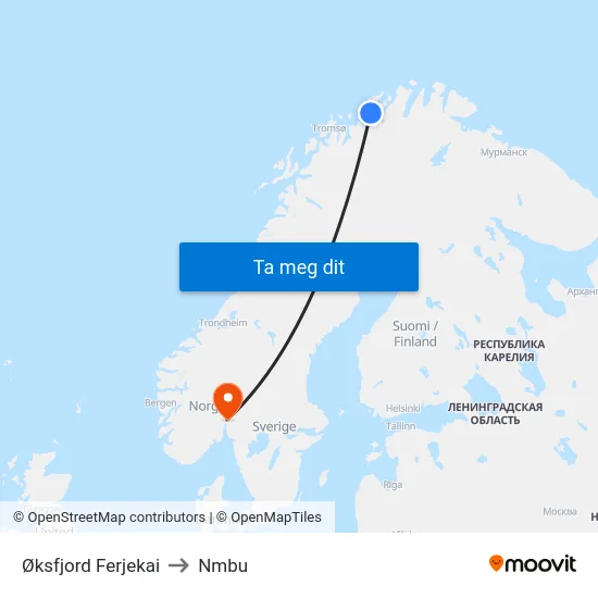 Øksfjord Ferjekai to Nmbu map