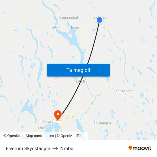 Elverum Skysstasjon to Nmbu map