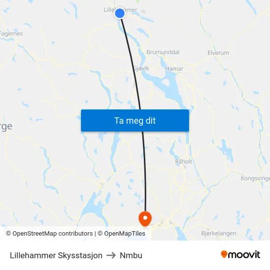 Lillehammer Skysstasjon to Nmbu map