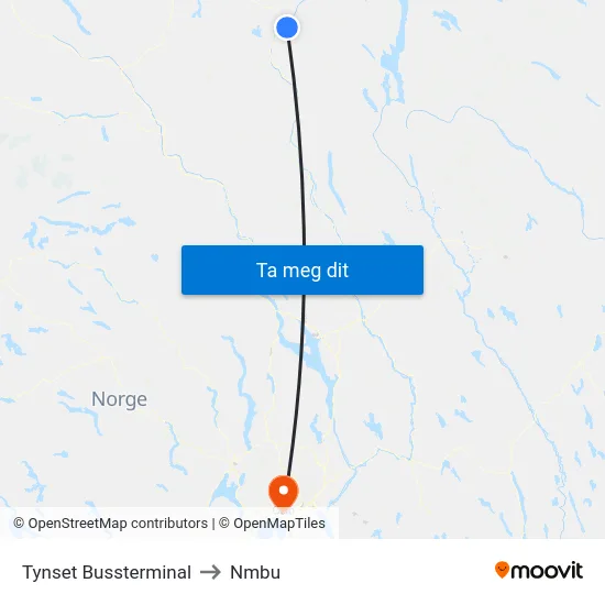 Tynset Bussterminal to Nmbu map