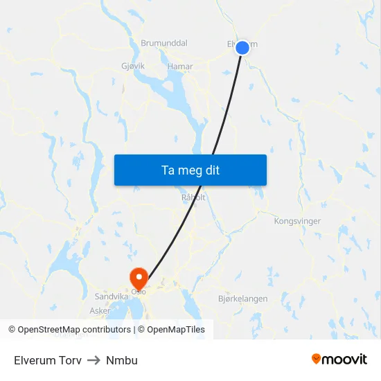 Elverum Torv to Nmbu map